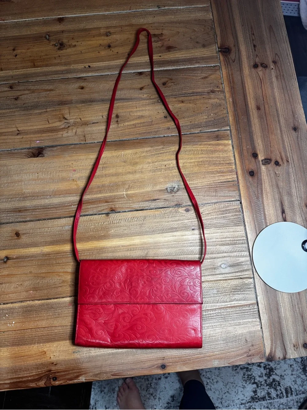 Red Embossed Leather Crossbody Clutch